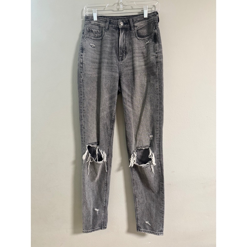 American Eagle Mom Jeans Black Distressed High Rise Size‎ 0 X-Long